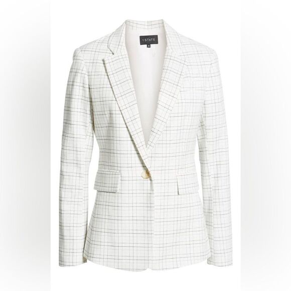 1.STATE Mini Windowpane Check Blazer Plaid One
Button Jacket Sz 8 white black - Picture 1 of 15